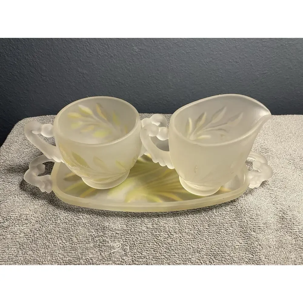 Vintage Indiana Glass Frosted Satin Leaf Creamer Sugar Bowl Tray MCM Set